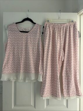 Garnet Hill Pink Geometric Organic Cotton & Silk Trim PJ Set Sz M